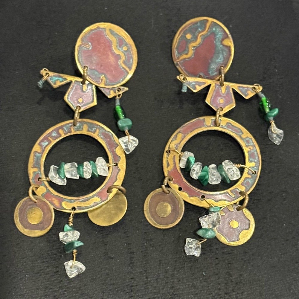 Vintage Clip On Bohemian Gold and Green Mixed Metal Dangle Earrings